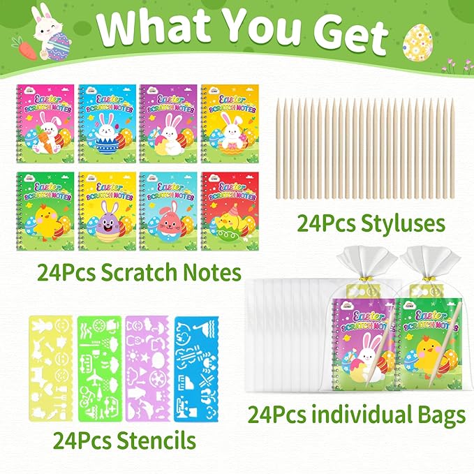 ZMLM Rainbow Scratch Party Favors Kids: Birthday Gifts Toy Bulk Scratch Art Notebook 24 Pack Birthday Goodie Bags Stuffers Girls Boys Art Craft Pad Classroom Prizes School Teacher Supplies (Easter)