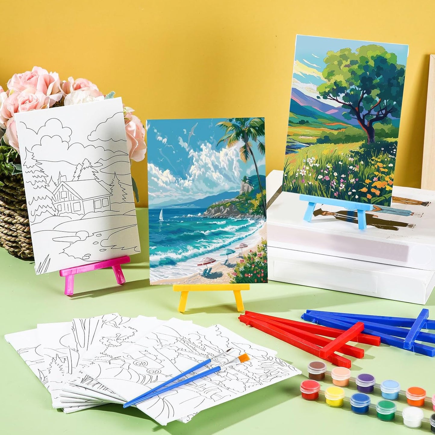 Blosssound 10 Set Pre Printed Canvas Pre Drawn Canvas Painting with Easel Kits 5" x 7" Outline Painting Panels for Beginners, DIY Craft Project, Party Favor, Home Decors(Four Seasons)