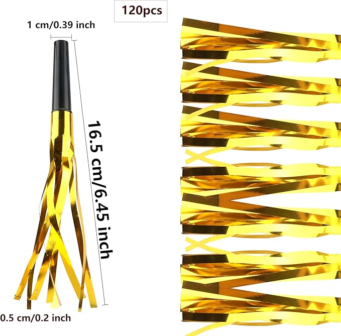 120 Pcs Glitter Bomb Noise Maker Gold Metallic Fringed Squawker Blowouts Silver Musical Blower Whistle for Birthday New Years Party Supplies Sporting Events Graduation (Gold)