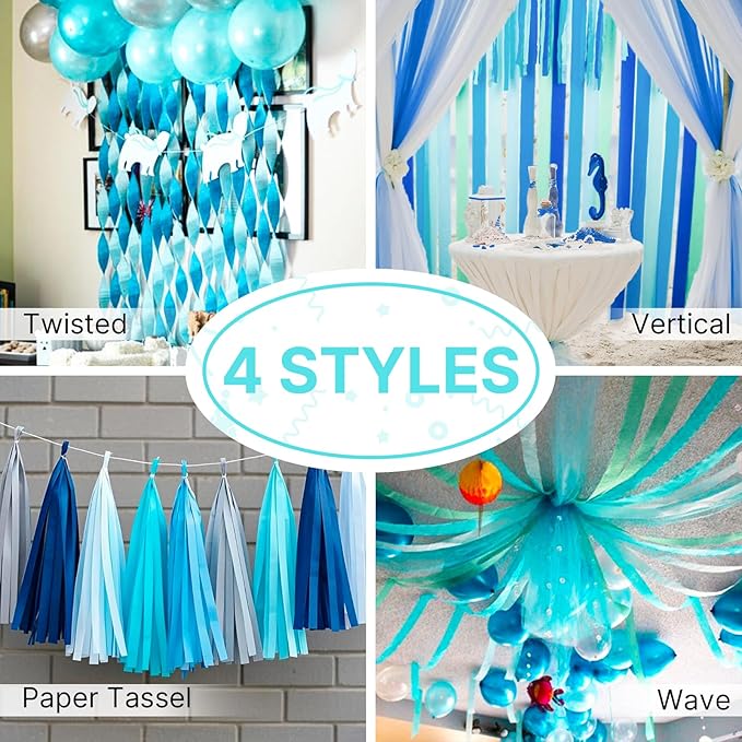 PartyWoo Teal Crepe Paper Streamers 4pcs 328ft Pack of Turquoise Crepe Paper Streamers for Birthday Gender Reveal Baby Shower Wedding Graduation Pool Mermaid Under The Sea Theme Party Decorations