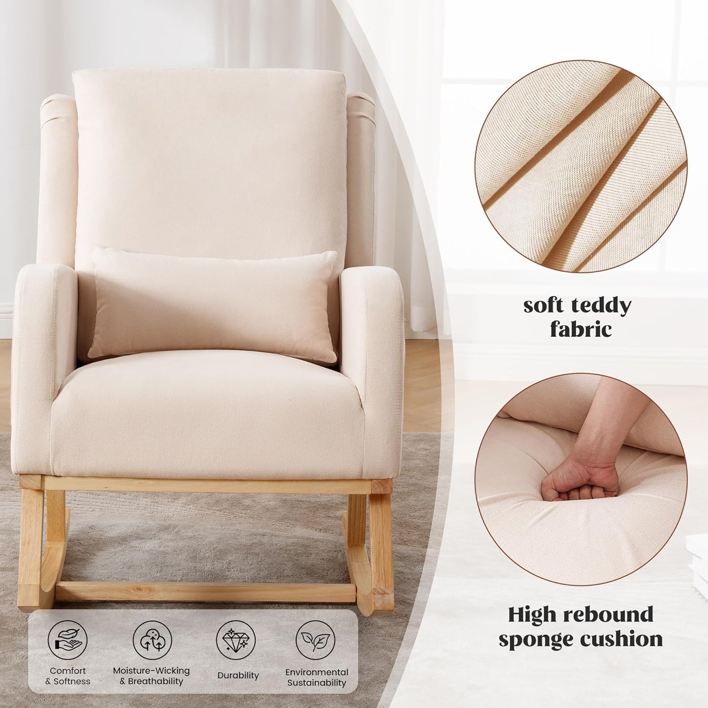 Rocking Chair Nursery, Nursing Rocking Chairs with Lumbar Pillow, Comfy Modern Nursery Glider Rocker Morden Accent Rocking Chair for Mom Nursery, Living Room, Bedroom, Beige