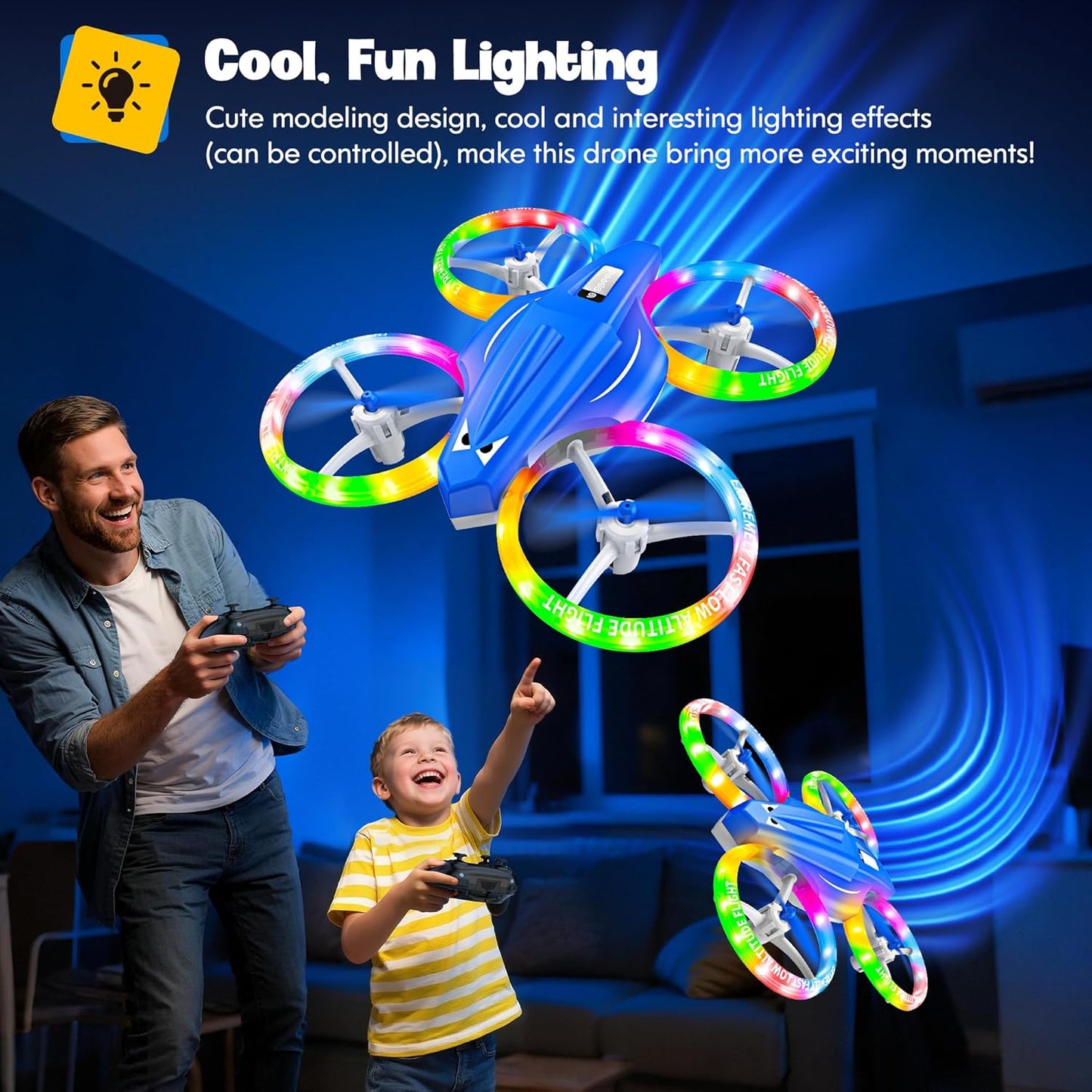 Drones for Kids With Cool Light, Kids Drone with 3D Flip, Altitude-Hold, Self-Rotation, Headless Mode, 3 Speed Modes, One-Click Take-off/Landing, Mini Drone for Christmas, Beginners, Indoor