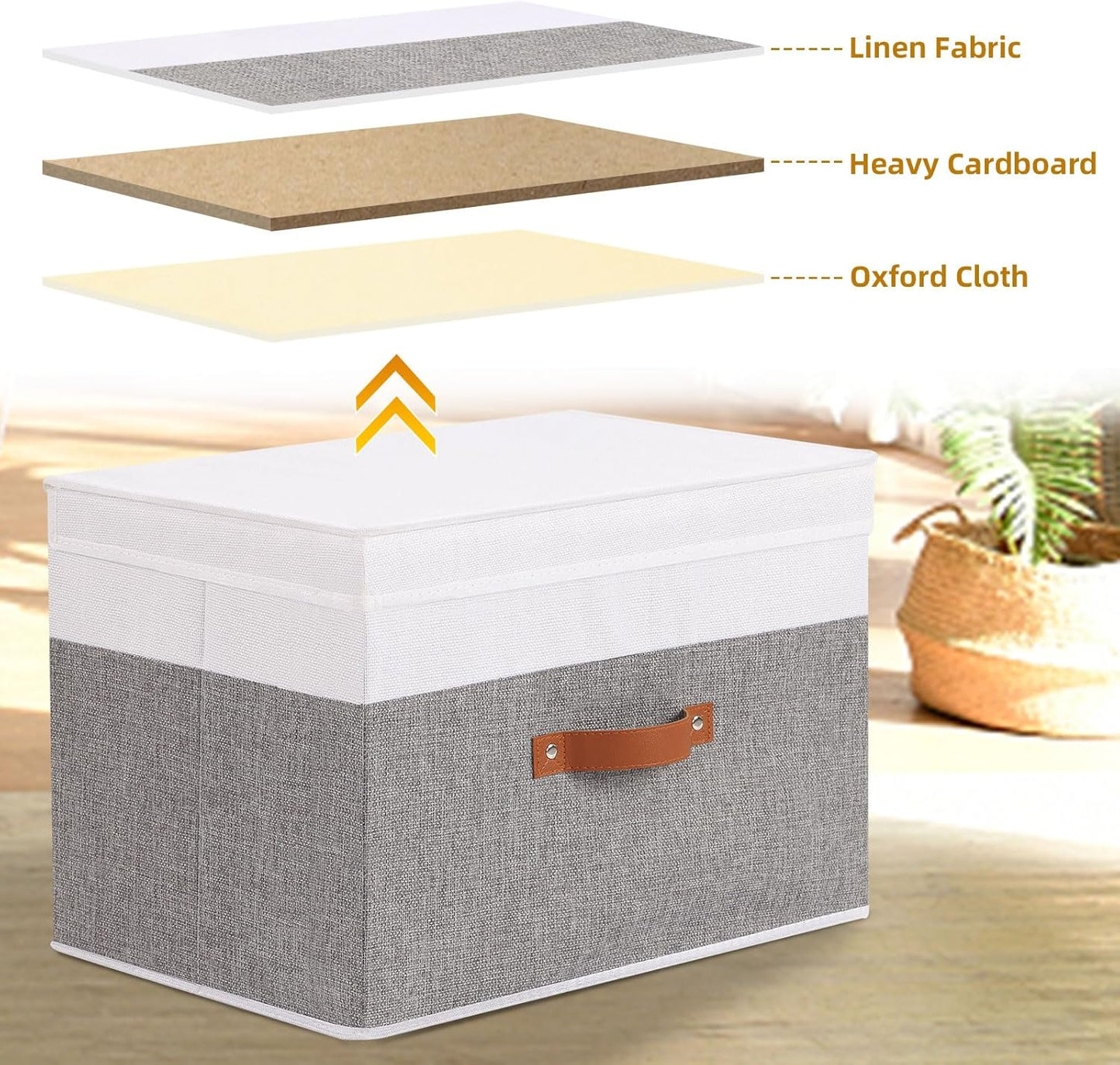 Fabric Storage Bins with Lids, 1 Pack Linen Foldable Cloth Baskets, 15 x 9.8 x 9.8 Inch Closet Organizer Containers with Double Handles, Sweater Boxes for Bedroom, White and Grey