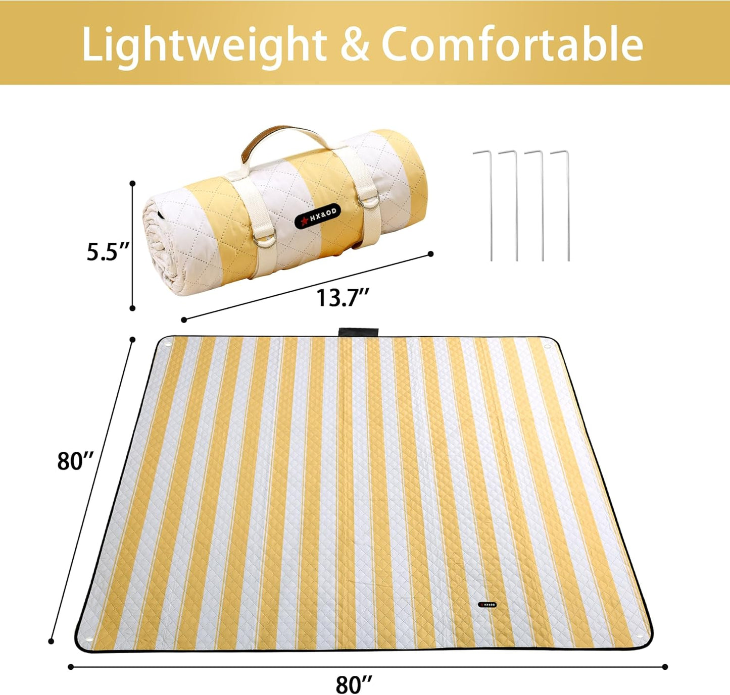 HX&OD Outdoor Picnic Blanket Extra Large, 80''*80'' Waterproof Picnic Mat with Stakes Foldable Camping Blanket Portable with Carry Strap for Beach Mat (Yellow& White, 80''*80'')
