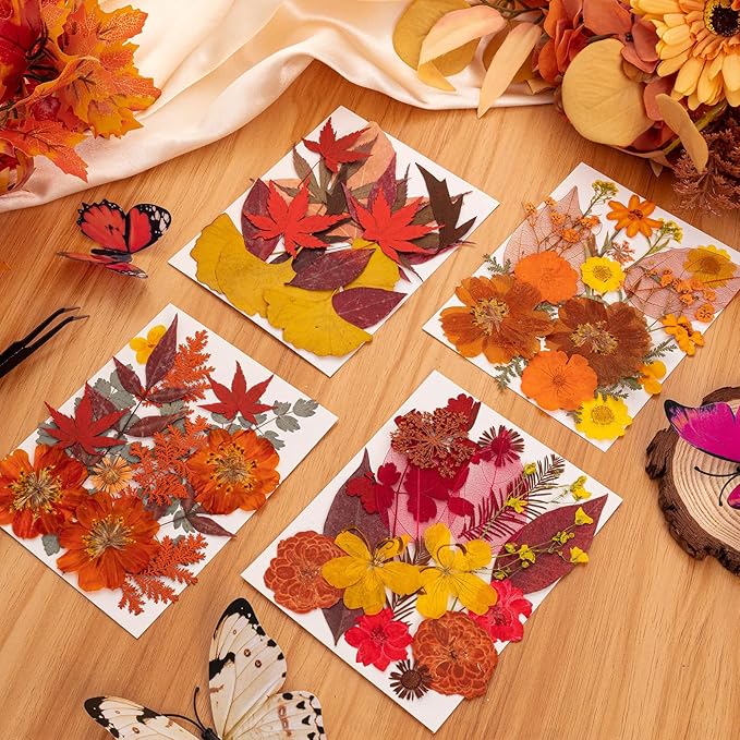 78 Pcs Fall Dried Pressed Flowers with Tweezer, Fall Themed Real Dried Flowers Leaves for DIY Crafts Resin Molds, Yellow Orange Dried Flowers for Autumn Halloween Thanksgiving Decorations