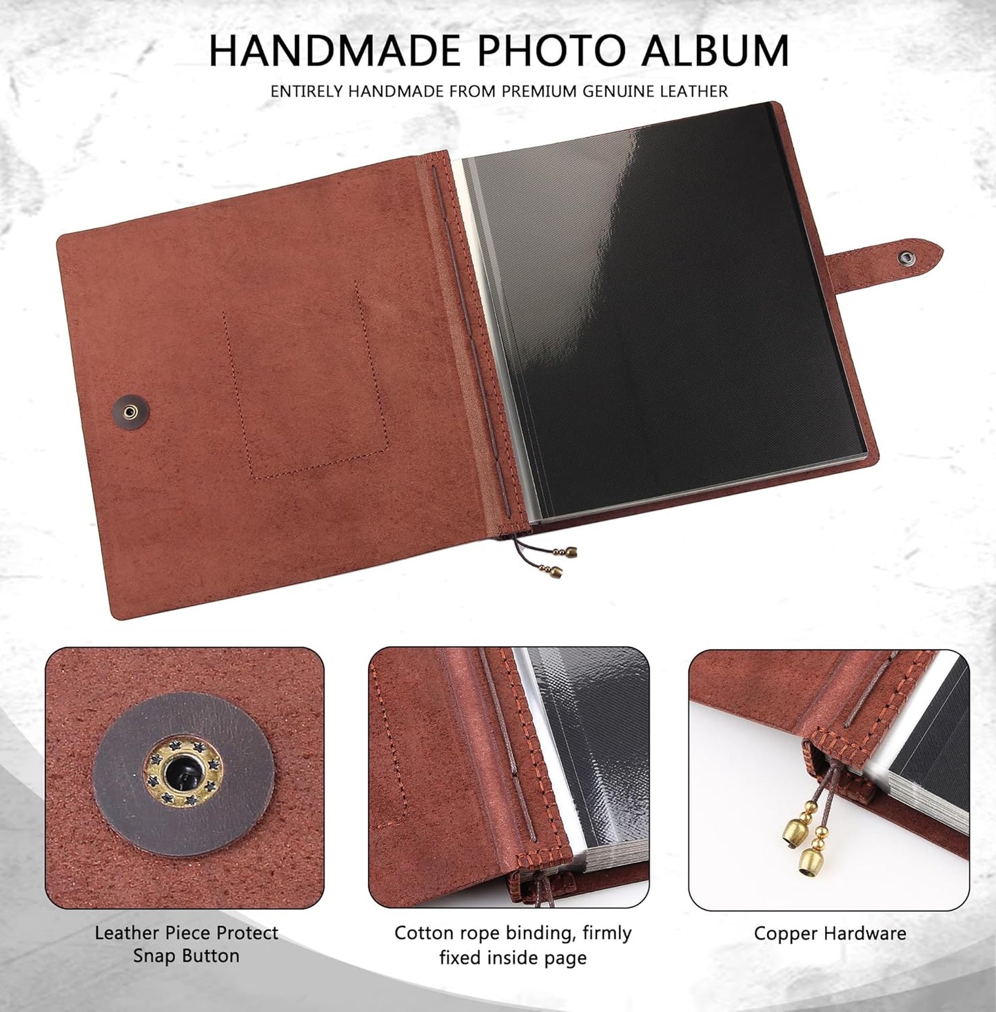 Leather photo Album Self Adhesive Pages, Handamde Leather Scrapbook Photo Album, Wedding Family Album, Holds 3x5, 4x6, 5x7, 6x8, 8x10 Photos - Coffee