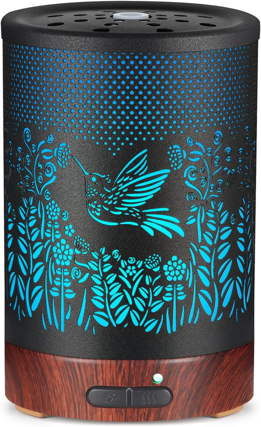 Metal Essential Oils Diffuser 150ML Aromatherapy Diffuser Cool Mist Humidifier with 7 Colors Lights Waterless Auto Off Air Diffusers as Gifts for Moms Women Girls (D-Hummingbird)