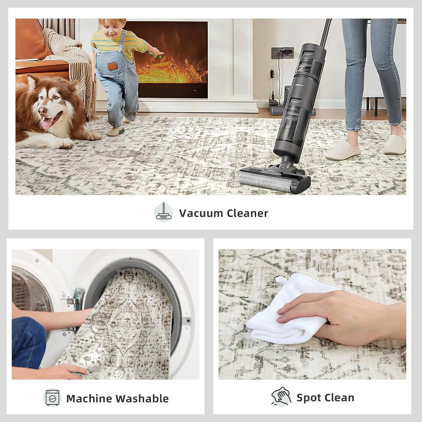 Boho 6x9 Area Rug Vintage Rugs for Living Room, Washable Rugs Non Slip Large Area Rug for Dining Room Bedroom Office, Floor Decoration Big Rug Mat Low-Pile (Cream)