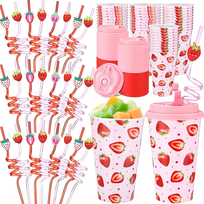 Yungyan 16 Sets Strawberry Party Favors Goodie Cups with Lids and Straws for Birthday Decorations Reusable 16oz Plastic Candy Cups Plastic Straws for Birthday Party (Strawberry)