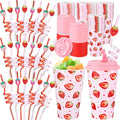 Yungyan 24 Sets Strawberry Party Favors Goodie Cups with Lids and Straws for Birthday Decorations Reusable 16oz Plastic Candy Cups Plastic Straws for Birthday Party (Strawberry)