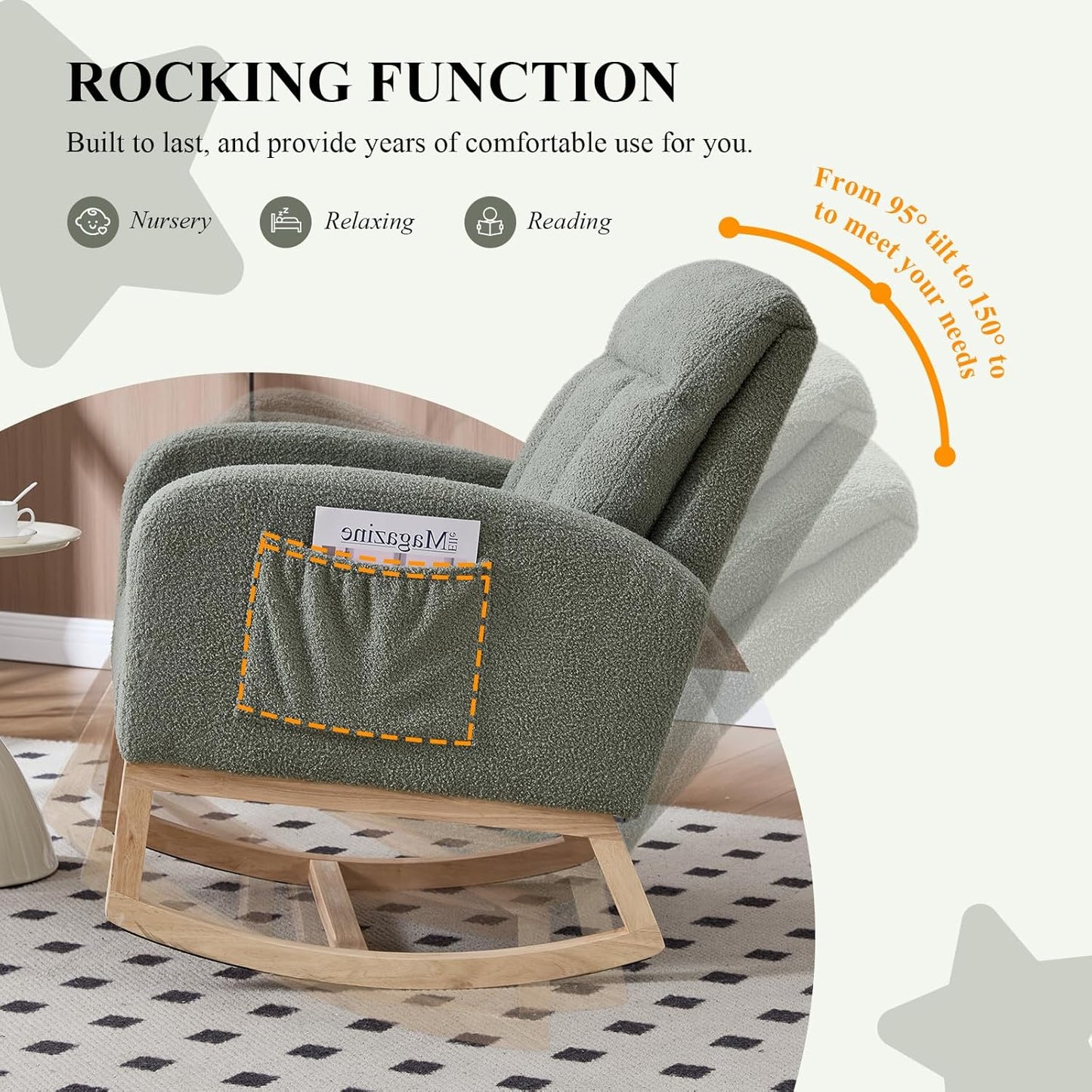 NIOIIKIT Nursery Rocking Chair, Teddy Upholstered Glider Chair with Side Pocket, Glider Rocker Chair with Tufted Back, Comfy Accent Nursing Chair for Living Room (Olive Green Modern)