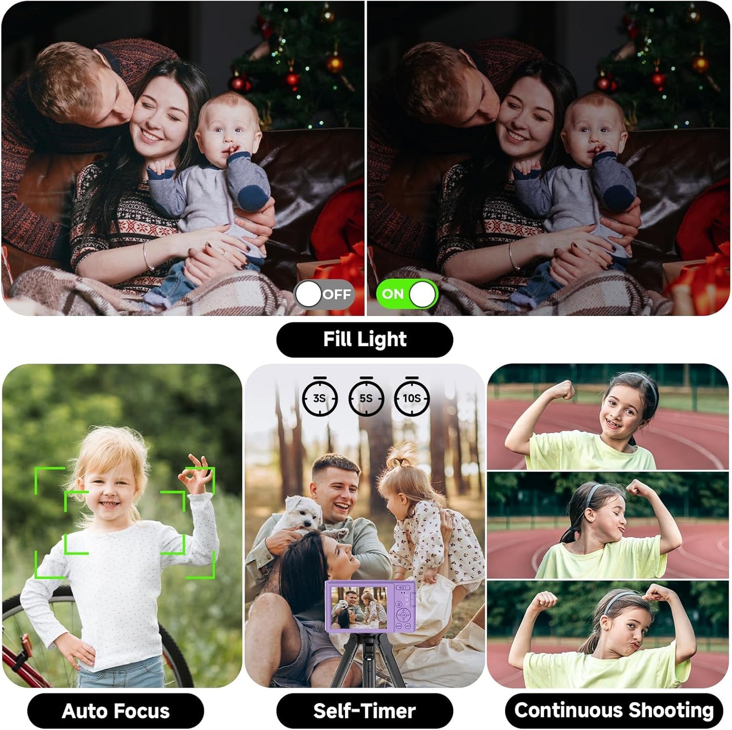 Digital Camera, FHD 4K 44MP Digital Camera, 16X Digital Zoom, Digital Point and Shoot Camera with 3-LED Fill Lights, 64GB SD Card, Compact Camera for Kids Teen Boys Girls, Purple