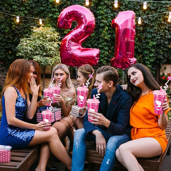 Yungyan 16 Sets Hot Pink Girl Party Favors Goodie Cups with Lids and Straws for Birthday Decorations Reusable 16oz Plastic Candy Cups Plastic Straws for Birthday Party (Pink Princess)