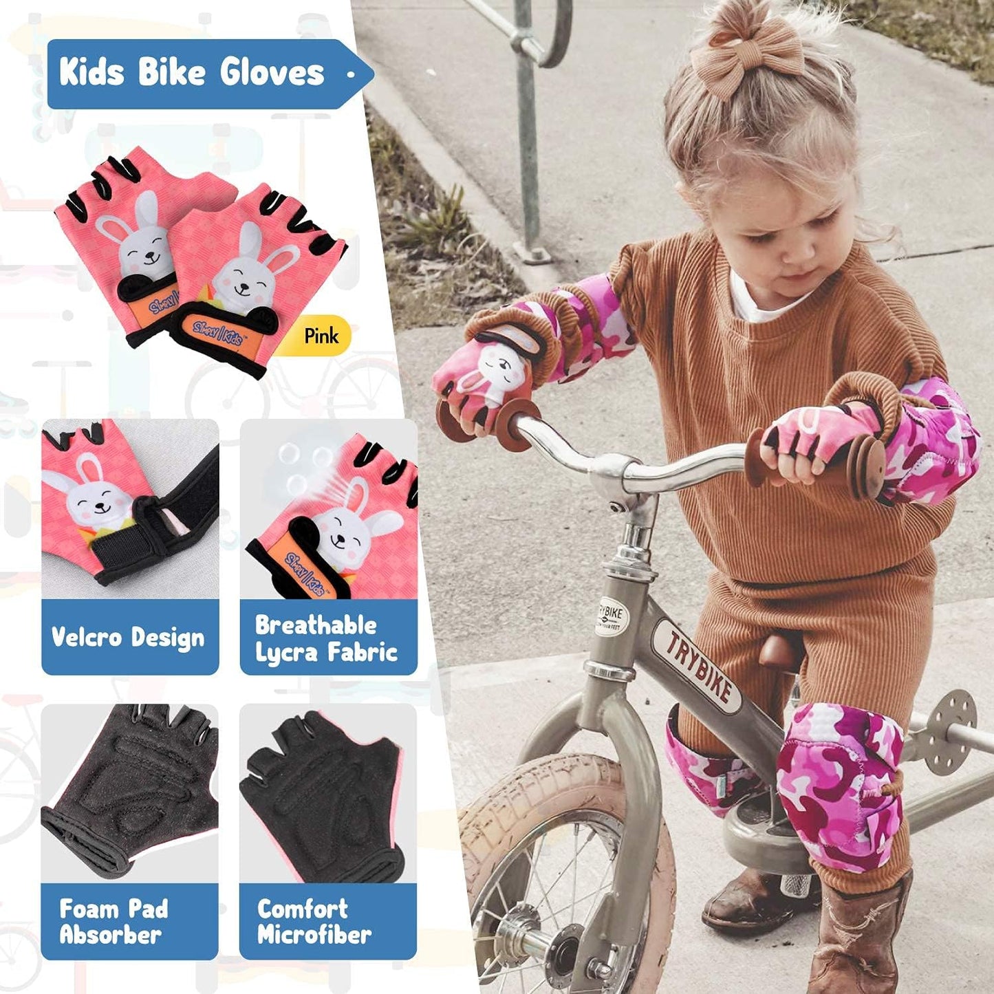 Soft-Style Kids Knee and Elbow Pads with Bike Gloves, Flexible Impact-Resistant Gear for Ages 2-11, Designed for Balance Bikes, Roller-Skating, and Skateboarding
