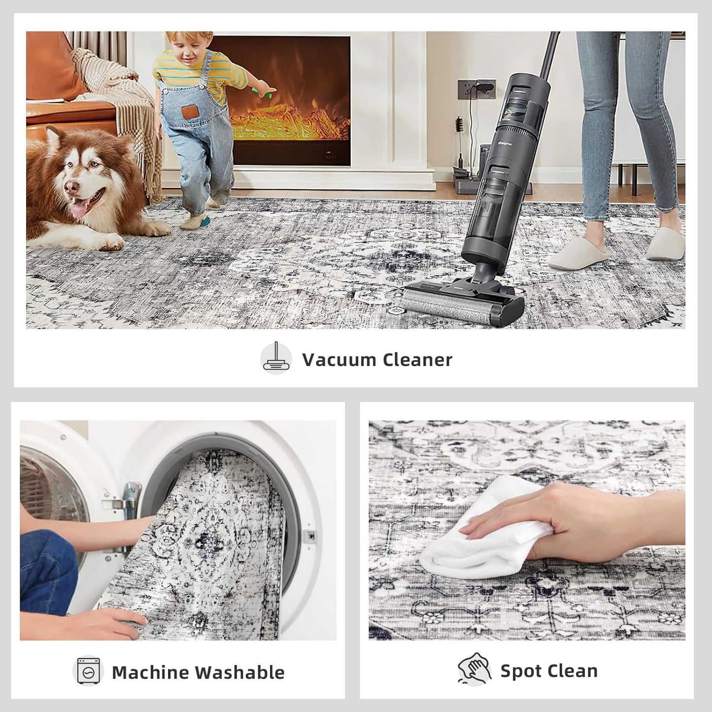 Grey 2x4 Rugs Boho Washable Small Area Rugs for Entryway Bathroom Kitchen, Small Rugs Soft Low Pile Non-Slip Rubber Backing Oriental Door Mat(Border Grey)