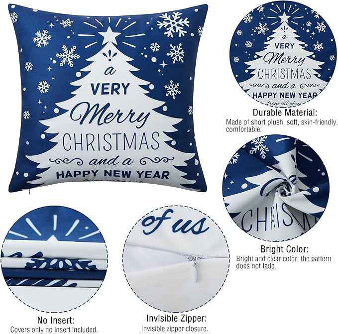 NANAN Christmas Pillow Covers 18X18 Inch Set of 4 Navy Blue Christmas Pillow Cases Snowflake Merry Christmas Holiday Pillowcases Xmas Trees Elk Deer Decorative