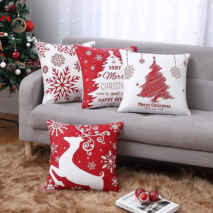 NANAN Christmas Pillow Covers 18x18 Inch Set of 4 Decorative Farmhouse Throw Pillow Covers Holiday Rustic Pillow Cases for Sofa Couch Home Decor Christmas Decorations Xmas Cushion Covers