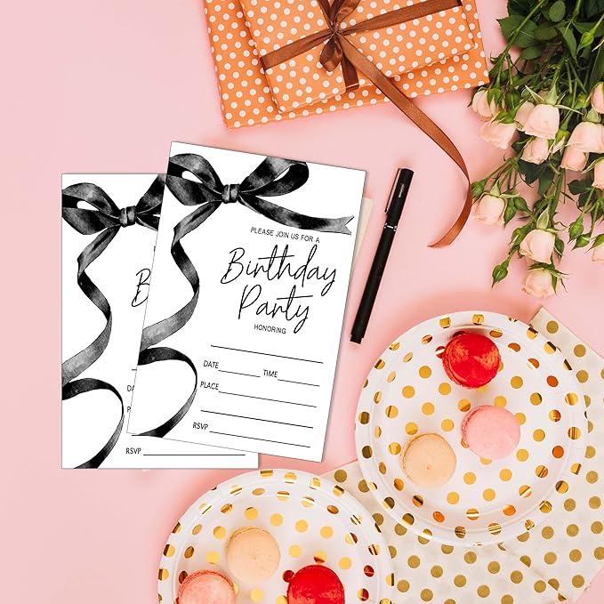 SIXEIGHT Black Bow Birthday Invitations, Black Ribbon Bow Birthday Party Invitations, 20 Party Invitations with Envelopes for Girls Boys, Birthday Party Favor & Decoration (4"x6")-A01