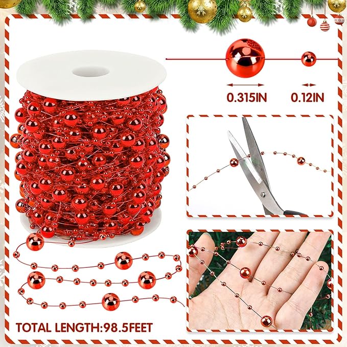JULBEAR Beads Garland Decoration, 1Rolls 131Feet Red Christmas Pearl Strands Chain Bead Garland for Christmas Tree Fireplace Wreath Gift Bouquet Crafts Wrapping Wedding Party Centerpieces Decoration