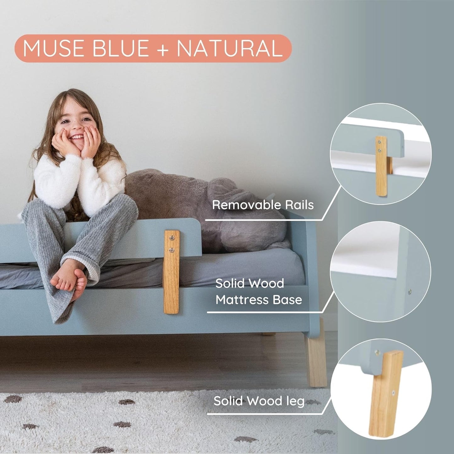 dadada Muse Blue Toddler Bed with 2 Removable Safety Rails. Low Profile Montessori Bed. Sturdy Solid Wood Frame, Fits Standard Crib Mattress, Easy to Assemble, Toddler Bed for Boys & Girls - Blue