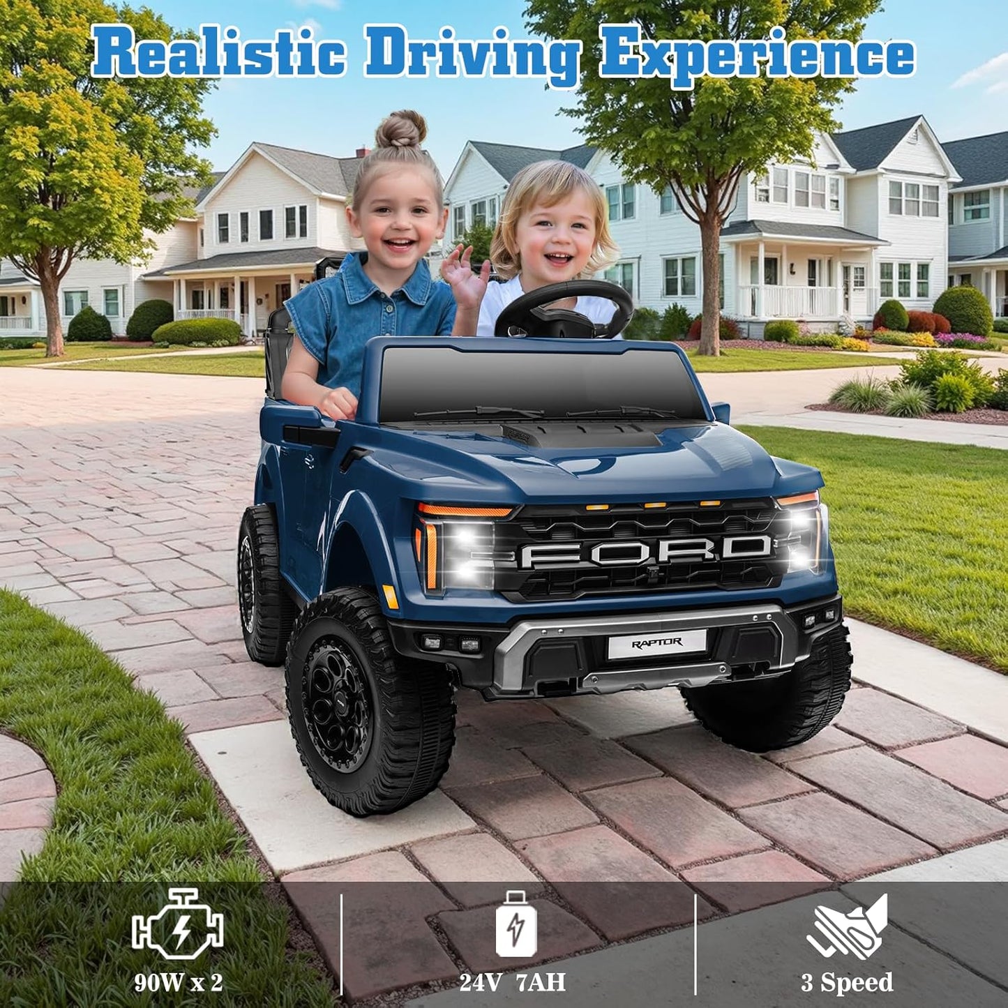 24V Ride on Car Licensed Ford F-150 Raptor, Kids Electric Car with Remote Control, LED Light/Music/MP3, Truck Bed Storage, 3-Point Seat Belt (24V, Blue)