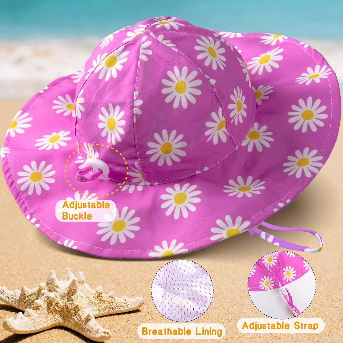 Baby Sun Hat Toddler Girl Beach Hat Adjustable Outdoor Summer Hat UPF 50+ Sun Protection Wide Brim Infant Kids