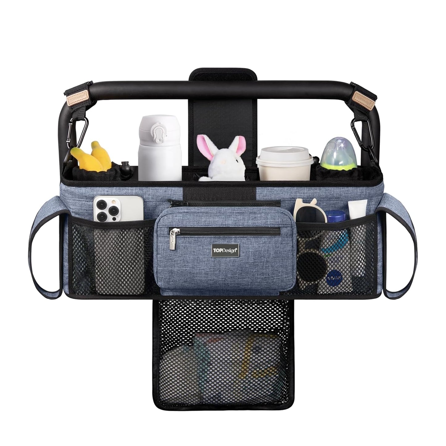 TOPDesign Universal Baby Stroller Organizer, Double Stroller Caddy with Detachable Mesh Bag & Heightened Insulated Cup Holders & Non-Slip Secure Hooks Accessories, Fits Most Strollers (Blue)