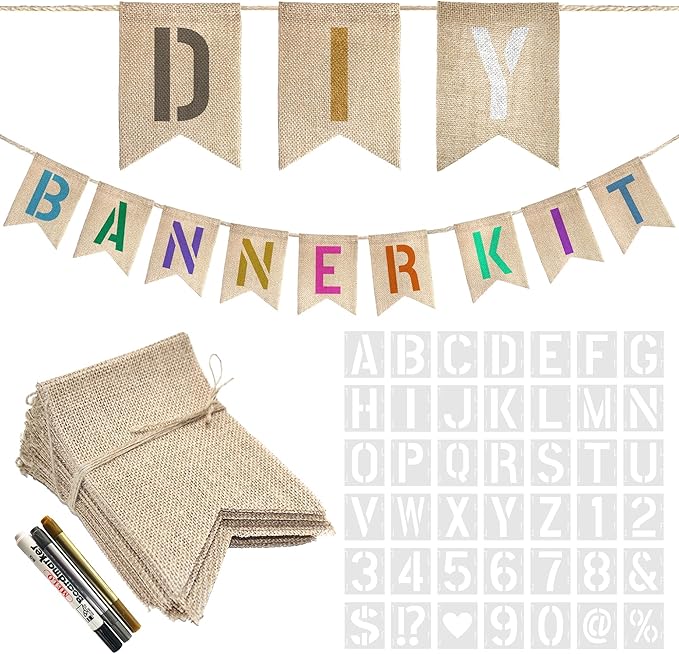 40 PCS DIY Burlap Banner with 42 PCS Letter Stencil Kit For Birthday Personalized Burlap Banner Set For Party