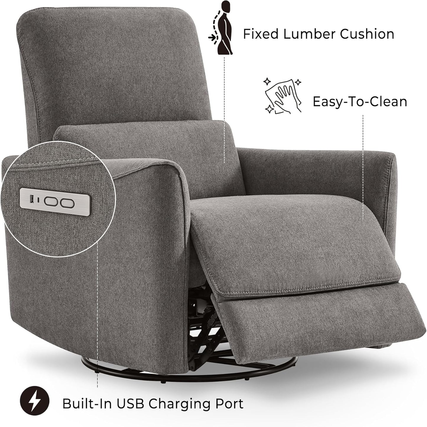 CHITA Power Recliner Chair Swivel Glider, FSC Certified Fabric Living Room Reclining Sofa Chair with Lumbar Support, Metal Grey