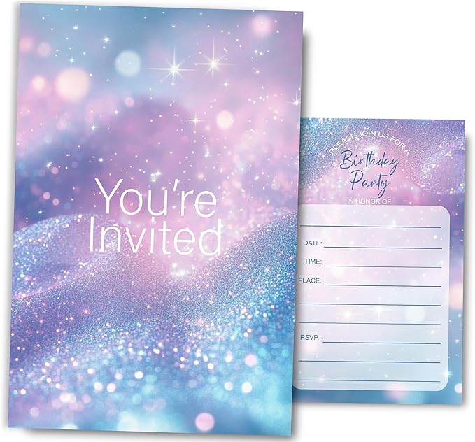 Simple You're Invited Girls Birthday Invitations for Girls, Teal Purple Birthday Party Invitaions for Party Invites, 4x6 Inches, 30 Sets with Envelopes
