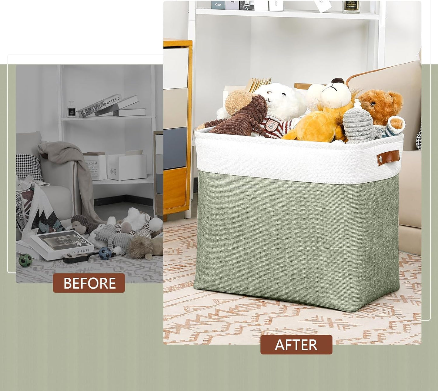 DULLEMELO Extra Large Storage Baskets, 17"x12"x15" Fabric Storage Bins for Organizing Shelves Nursery Toys Books, Collapsible Storage Baskets Rectangular Canvas Bins with Handles, White&Green, 2-Pack