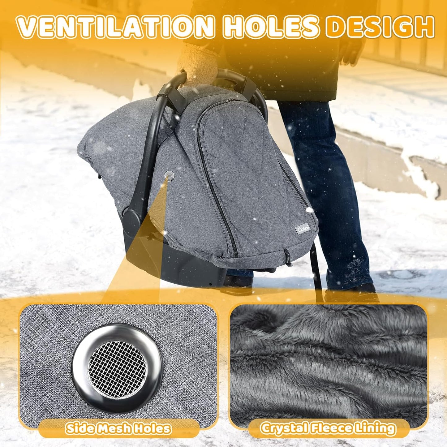 Orzbow Baby Car Seat Cover, Winter Carseat Cover with Zipper Access, Weather & Wind Proof, Side Breathable, Compatible with Doona Car Seats and Strollers, Newborn Essentials Carrier Canopy, Light Grey