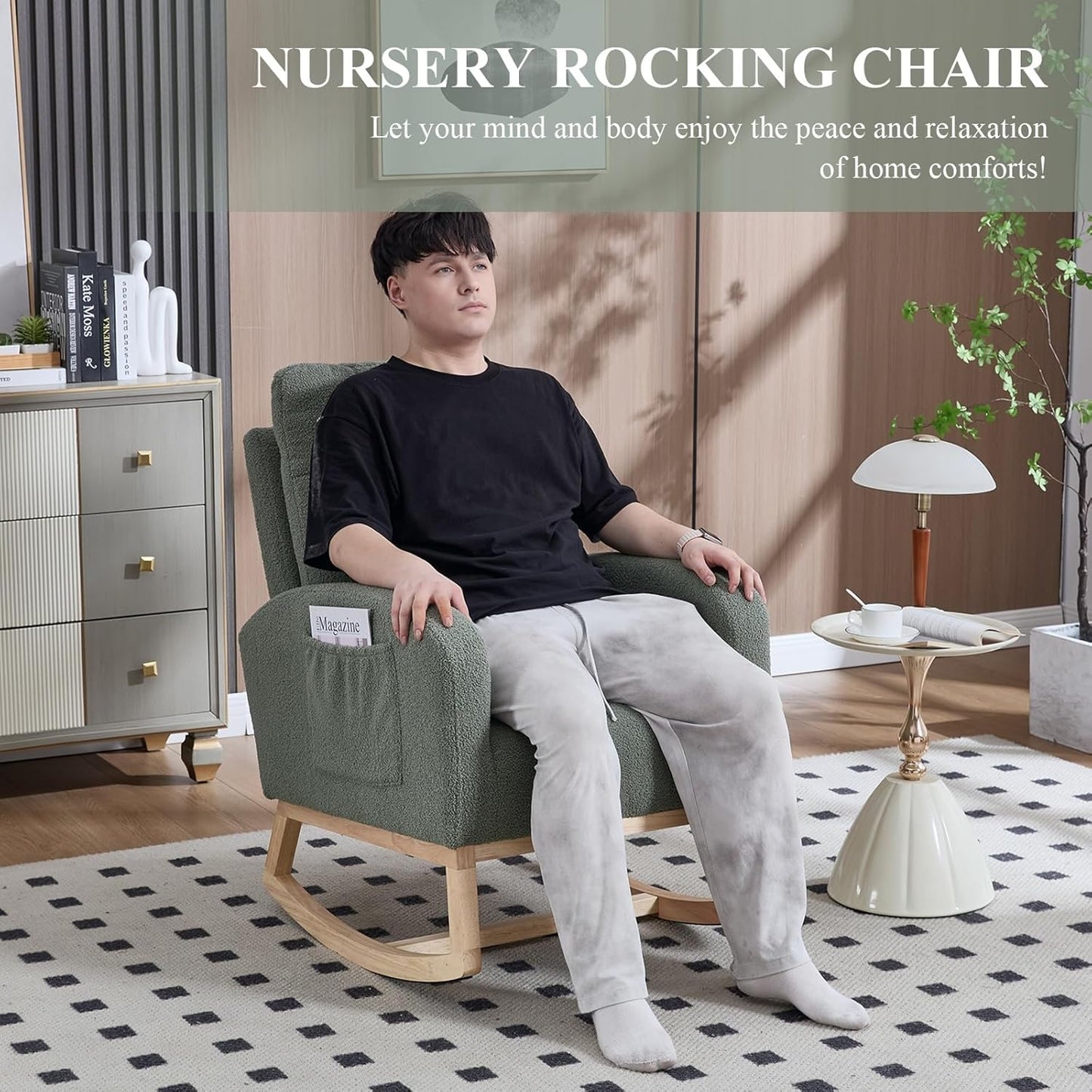 NIOIIKIT Nursery Rocking Chair, Teddy Upholstered Glider Chair with Side Pocket, Glider Rocker Chair with Tufted Back, Comfy Accent Nursing Chair for Living Room (Olive Green Retro)