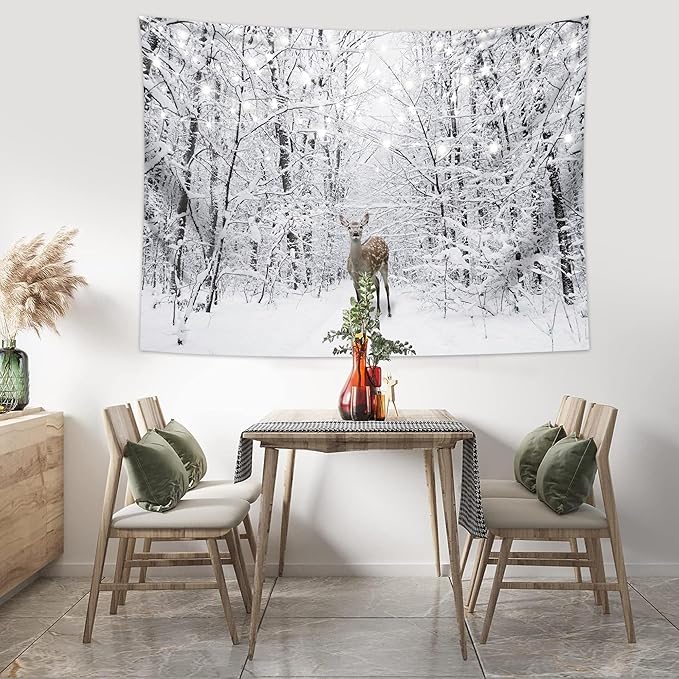 QGHOT Winter Tapestry Wall Hanging Snow Scene Backdrop Winter Wonderland Wall Decor Snowy Forest Wall Art Nature Woodland Deer Tapestry for Bedroom Room Dorm Party Decoration, Large