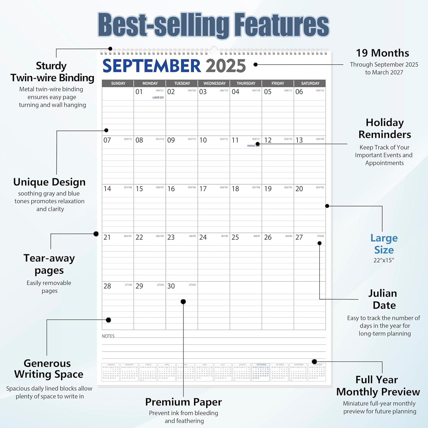 GuassLee Large Wall Calendar 2025-2027, 22"x15" Big Academic Wall Calendar 19-Month Sept. 2025 - Mar. 2027, 2026 Hanging Wall Planner with Julian Date Big Grid for Home School Office Planning