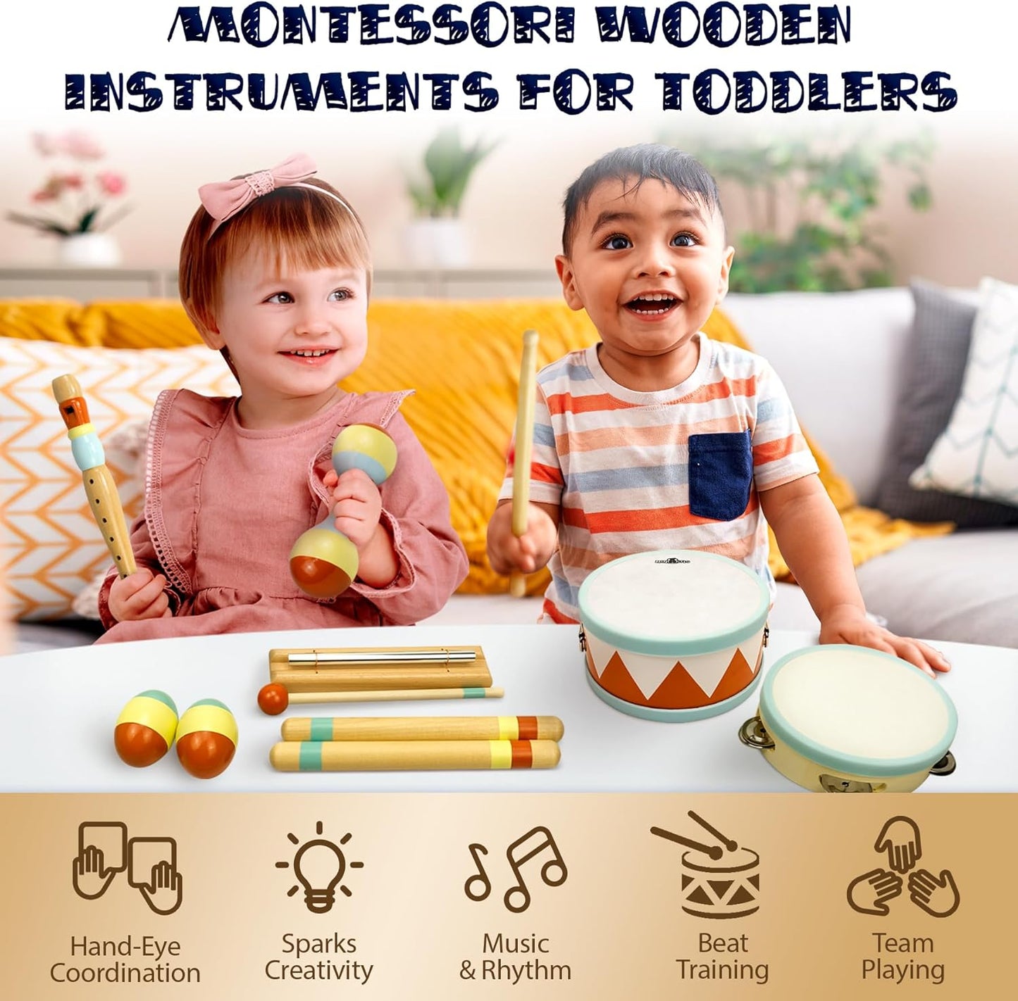 MINIARTIS Toddler Musical Instruments - Montessori Wooden Musical Toys for Toddlers 1-3 | Modern Boho Baby Drum Set with Neutral Colors Percussion Instruments | Kids Preschool Educational 3+