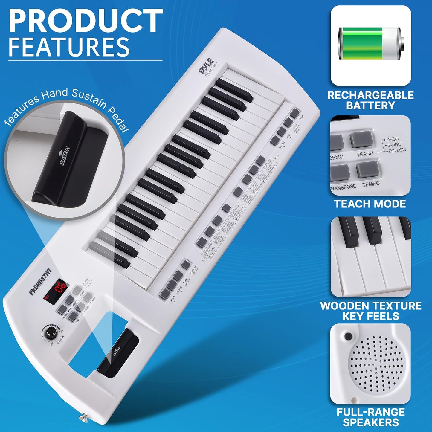 Pyle, Portable Digital Electronic Keyboard Piano 37 Keys with Microphone & Carry Strap, Built-in Sustain Controller, Rechargeable Battery-Karaoke Keyboard Compact Musical Keytar White