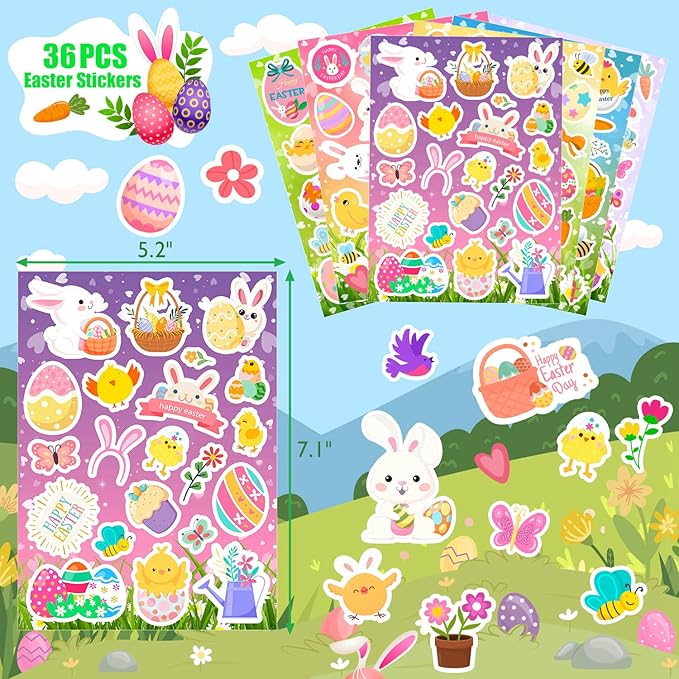 36 Sheets Easter Stickers, Easter Stickers for Kids, Easter Egg Stickers Bunny Stickers for Kids Easter Egg Decorating Party Favors Treats, Crafts, Basket Stuffers,Goodie Bag Fillers