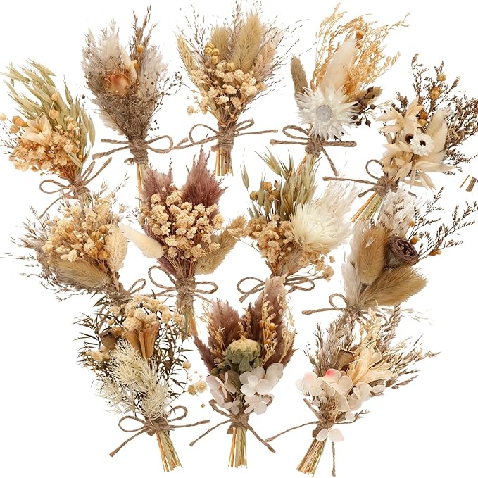 Layhit 12 Pack Boho Dried Flower Bouquet Mini Wedding Handmade Dry Flowers Decor for Vase Crafts DIY Photo Boutonniere for Men Floral Plant for Bridesmaid Gift Birthday Decor