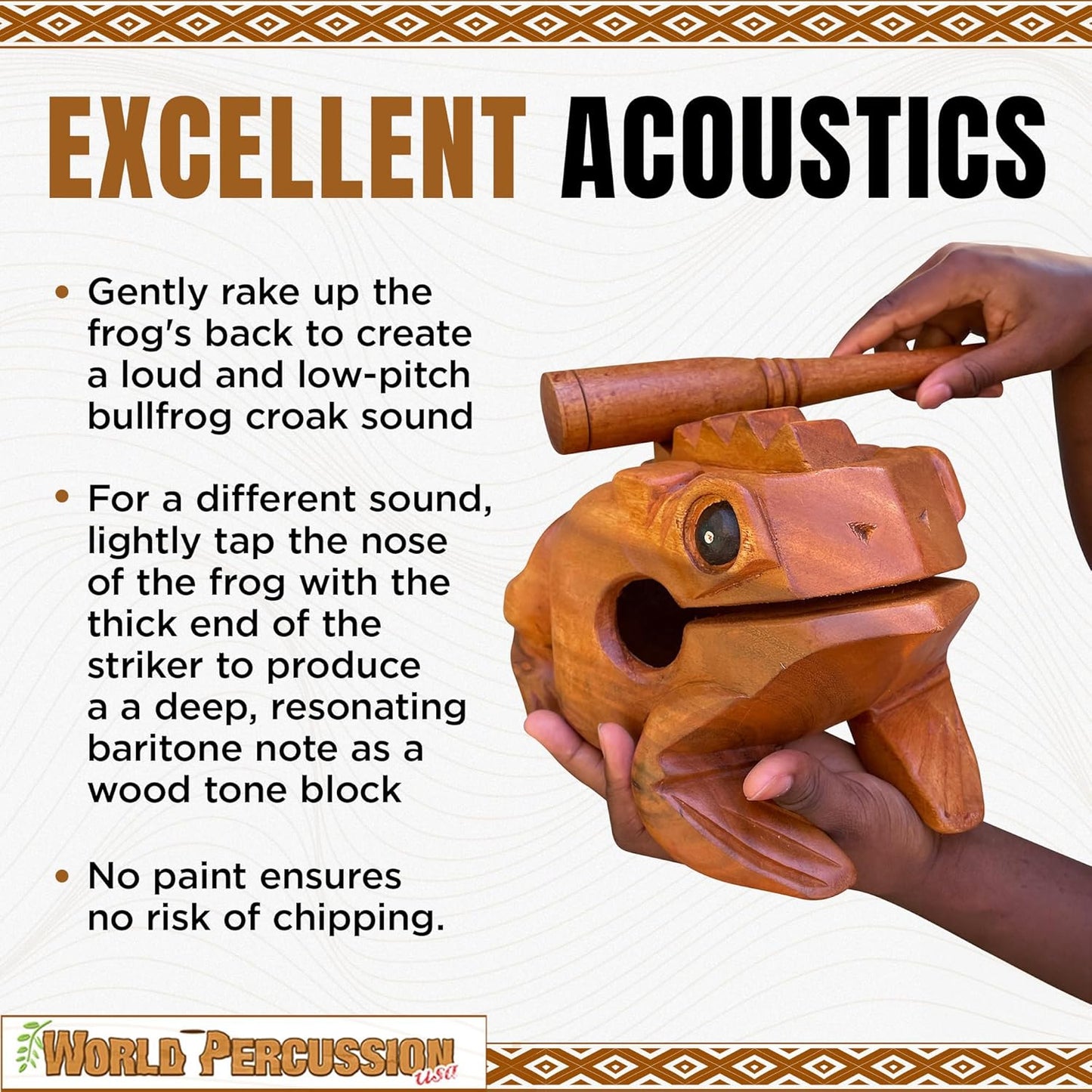 Deluxe Jumbo 11" Wood Frog Guiro Rasp - Percussion Musical Instrument Tone Block - Wooden Instrument with Stick, Frog Noise Maker by World Percussion USA
