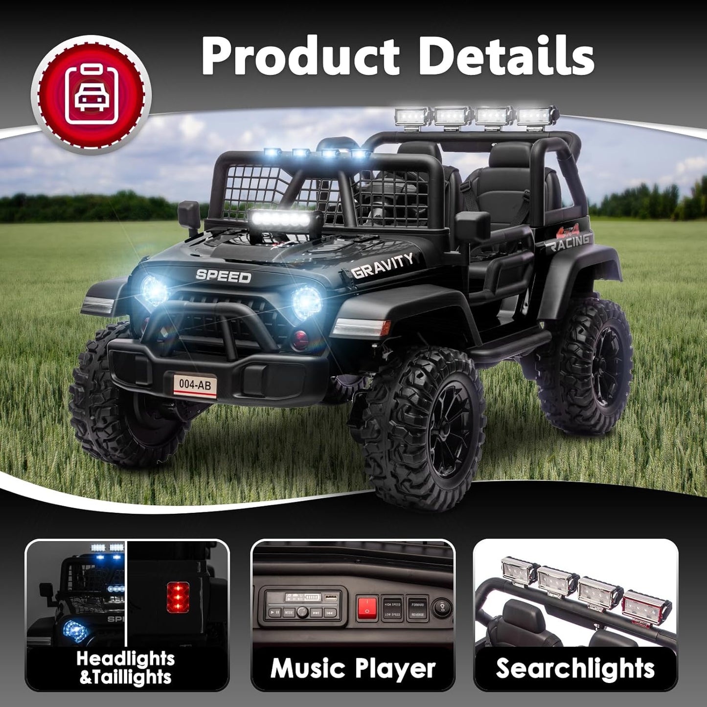 Sopbost 24V 7Ah 2 Seater Ride On Truck Ride On Toy for Big Kids Ride On Car with Remote Control Off-Road Electric Car with Shock Absorber, LED Lights, Bluetooth Music Player, EVA Tires, Black