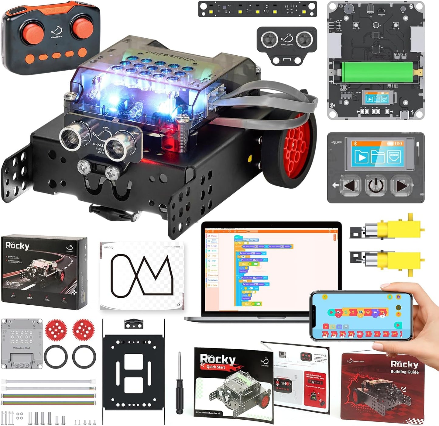 WhalesBot Rocky Smart Robot Car Coding & Remote Control Kit for Kids 8-16, Modular/Scratch/Python/C Programming, Educational Engineering Science Toy Set with Multiple Sensors and Smart Controller