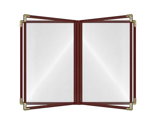 Goodsmart Restaurant Menu Covers – 25 Pack Burgundy 8-View Booklet 8.5" x 14", Side-Loading Vinyl & Plastic Menu Holders, Clear Menu Sleeves, Leather-Style Café Covers with Gold Corners