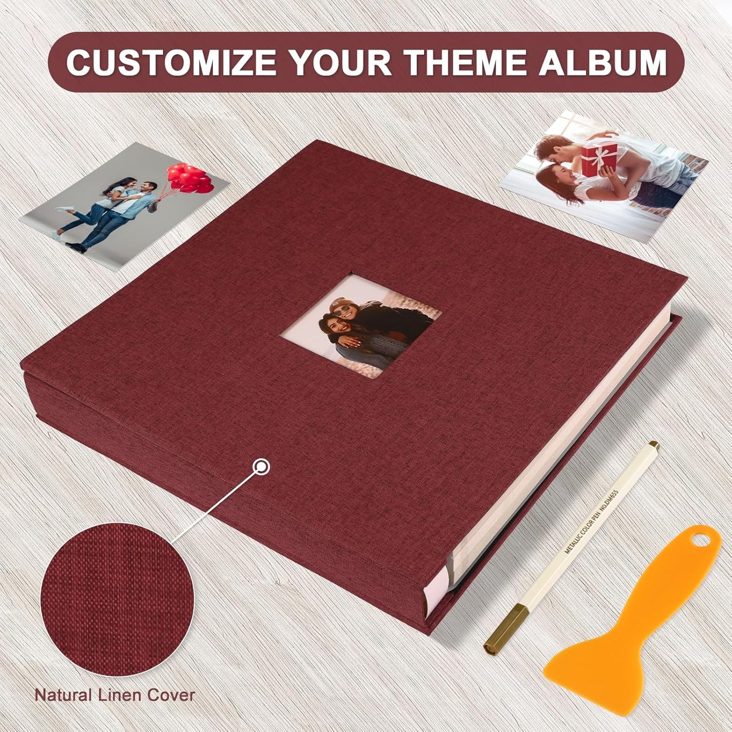 Photo Album Self Adhesive Pages Scrapbook Magnetic Photo Albums for 4x6 5x7 8x10 Pictures Sticky Pages Books for Baby Family Wedding 13.2x12.8 Red 120 Pages