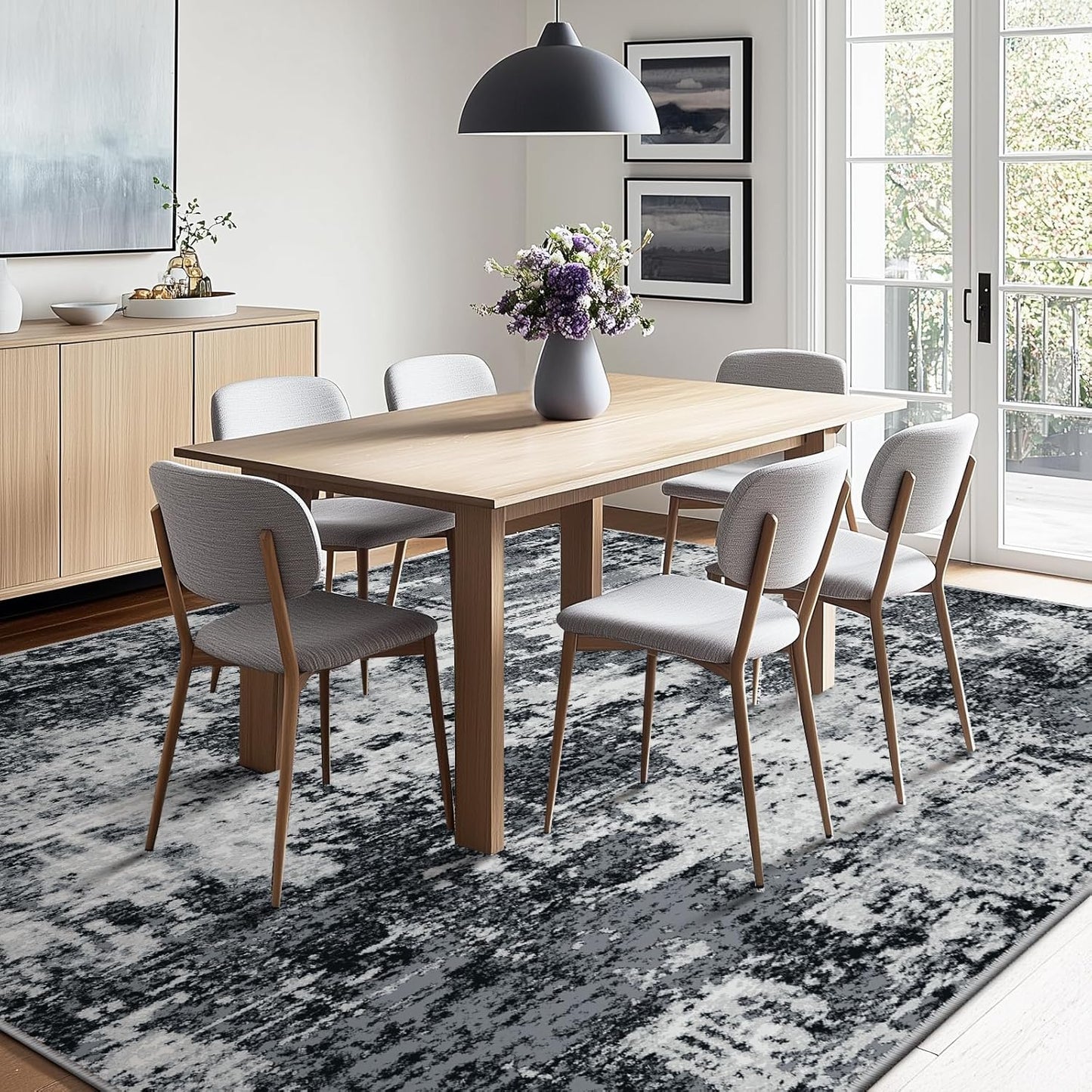 Washable Area Rugs 5'x7' Non-Slip Modern Abstract Soft for Living Room Entryway Bedroom Nursery, Print Pattern, Black Gray