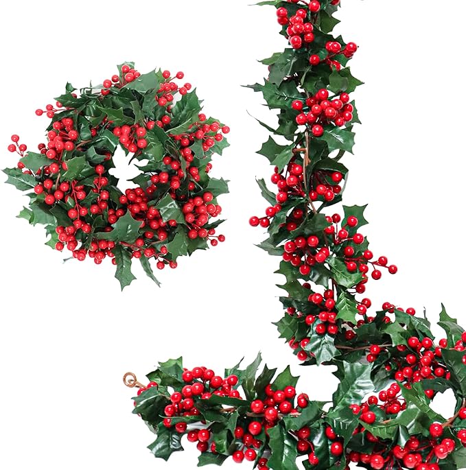 Uguisu 5.6ft Red Artificial Christmas Garland,Eucalyptus Green Garland with Berry Flower Clusters,Artificial Vines for Backdrops, Fireplaces,Dining Tables,Christmas Parties,Indoor and Outdoor Decor.