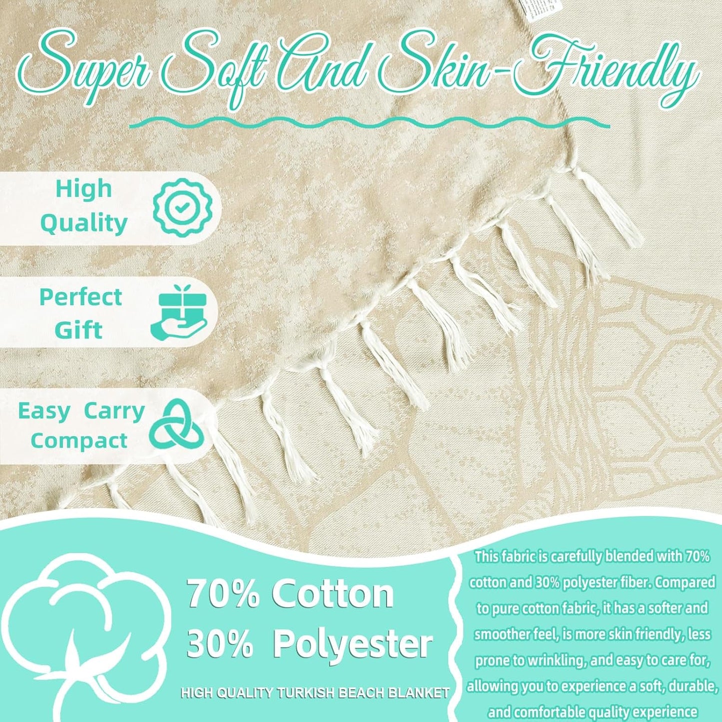 Oversized Turkish Beach Towel Blanket Cotton Giant XL Sandproof Towels Huge Linen XXL Extra Large Big Throw Quilt Blankets for Adults Beige Turtle