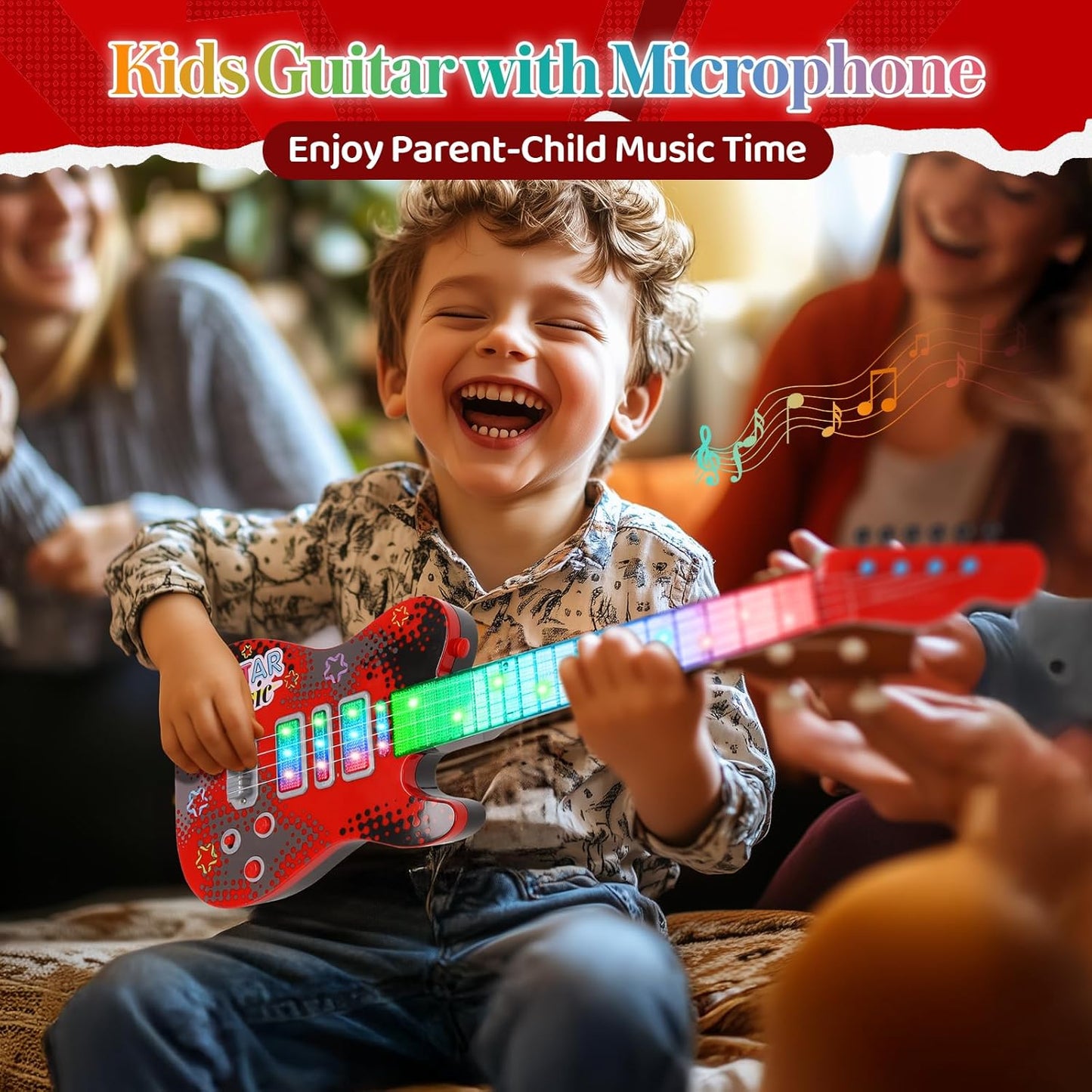 Kids Guitar and Microphone Playset with 4 Strings, Electric Guitar Kit with Lifting Mic Stand, Toddler Toys Musical Instruments Starter Kit, Karaoke Machine Toys for Boys Girls Christmas Guitars Gifts