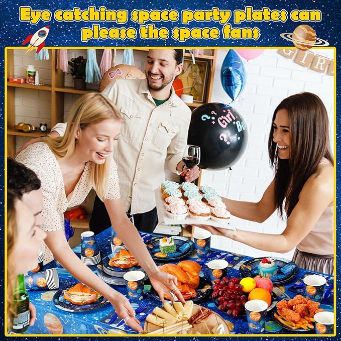 452 Pcs Space Birthday Party Decorations for 50, Solar System Paper Plates Napkins Cups Tablecloth Cutlery Straws Astronaut Tableware Set for Birthday Baby Shower Party Supplies