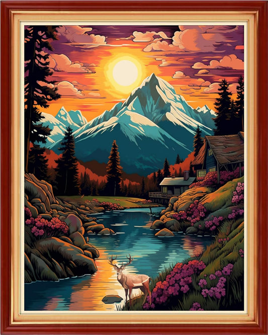 Stamped Cross Stitch Kits - Beach Night Landscape Counted Cross Stitch Kits for Beginners Adults Needlepoint Cross-Stitch Patterns-Sunrise Over Mountains and Rivers 16x20 inchs